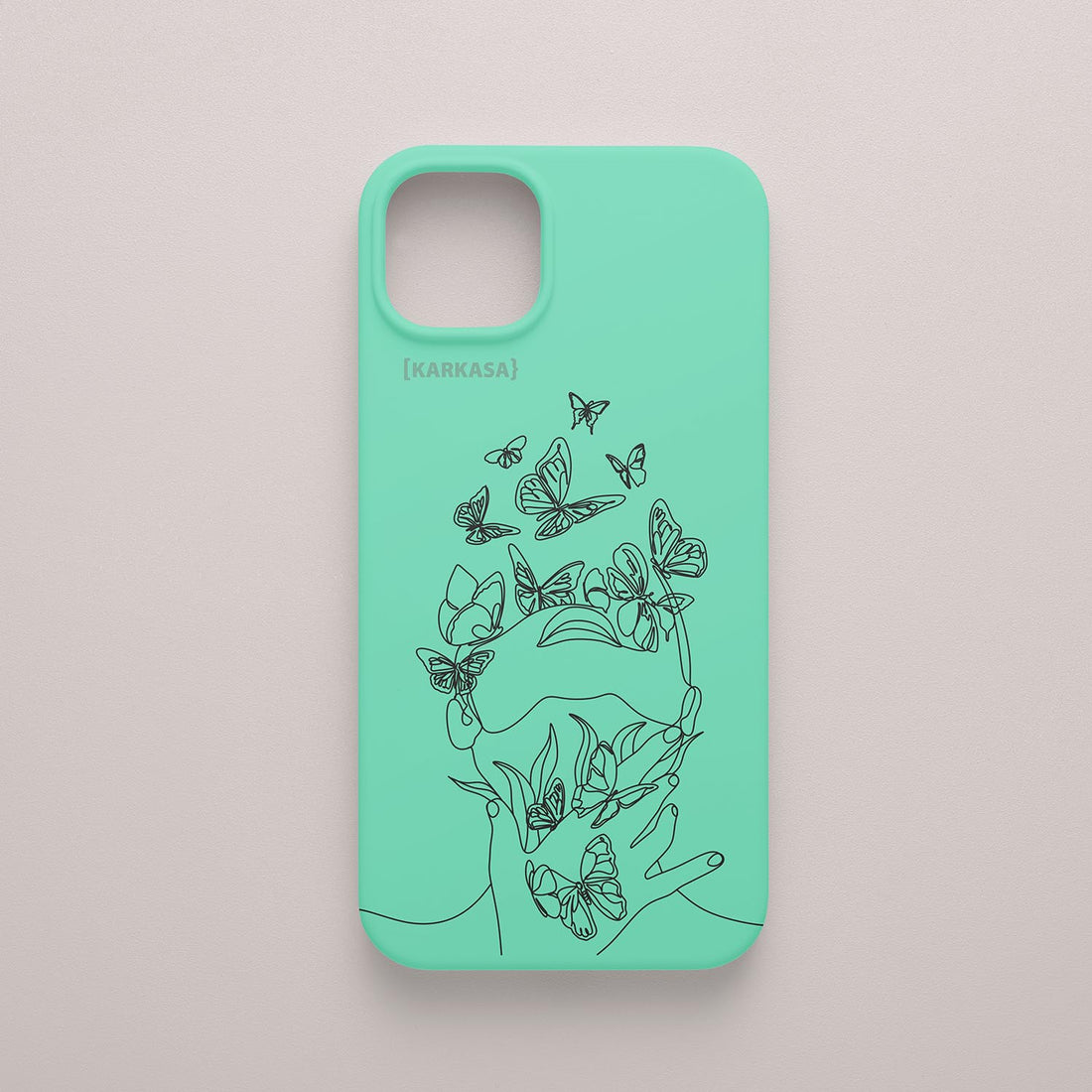 Funda de móvil KARKASA con diseño lineal negro de silueta de mujer y mariposas, en silicona mate Silk Touch verde menta