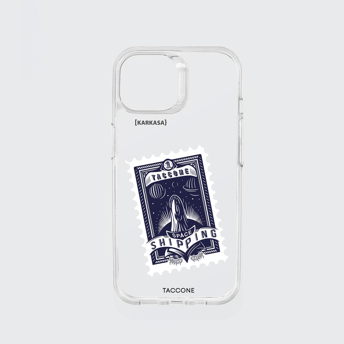 Funda KARKASA transparente antigolpes con ilustración minimalista de un cuervo negro posado, dibujo en tinta del artista Daniel Buitrón.