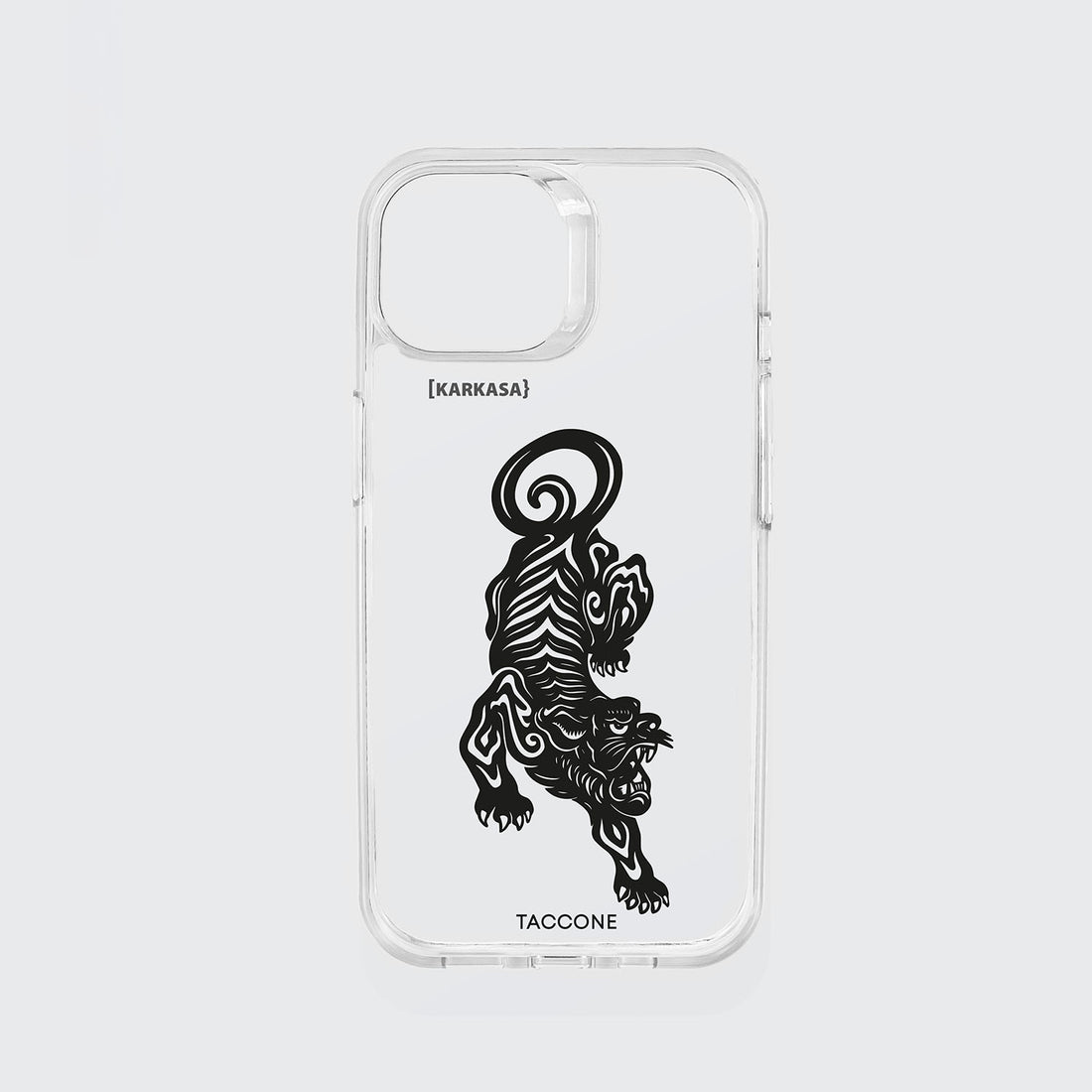 Funda KARKASA transparente antigolpes con ilustración en tinta negra de un tigre estilo oriental o tatuaje tradicional, diseño de Gabriel Taccone.