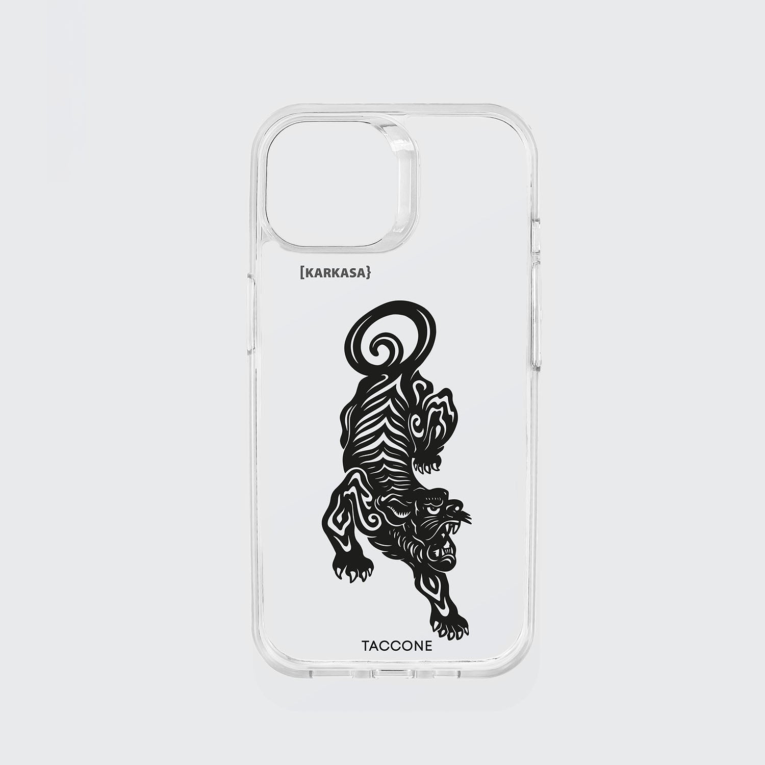 Funda KARKASA transparente antigolpes con ilustración en tinta negra de un tigre estilo oriental o tatuaje tradicional, diseño de Gabriel Taccone.