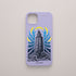 Funda KARKASA lila con ilustración gráfica de Gabriel Taccone: Torre de Hércules de A Coruña con olas azules y rayos amarillos.