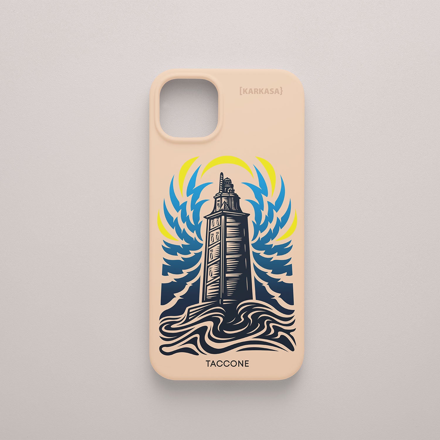 Funda KARKASA rosa nude con ilustración gráfica de Gabriel Taccone: Torre de Hércules de A Coruña con olas azules y rayos amarillos.