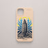 Funda KARKASA rosa nude con ilustración gráfica de Gabriel Taccone: Torre de Hércules de A Coruña con olas azules y rayos amarillos.