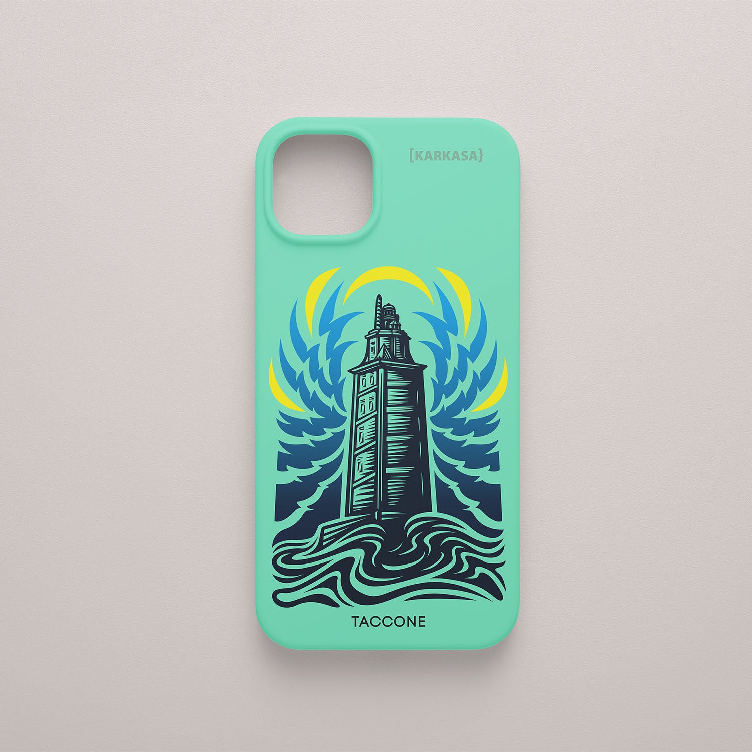 Funda KARKASA verde menta con ilustración gráfica de Gabriel Taccone: Torre de Hércules de A Coruña con olas azules y rayos amarillos.