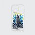 Funda KARKASA transparente antigolpes con ilustración gráfica de Gabriel Taccone: Torre de Hércules de A Coruña con olas azules y rayos amarillos.