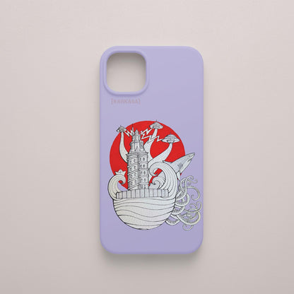 Funda KARKASA lila con ilustración de Daniel Buitrón: Torre de Hércules de A Coruña rodeada de OVNIs, tentáculos y un sol rojo de fondo.