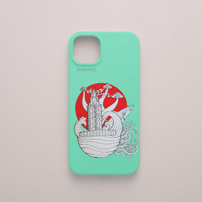 Funda KARKASA verde menta con ilustración de Daniel Buitrón: Torre de Hércules de A Coruña rodeada de OVNIs, tentáculos y un sol rojo de fondo.