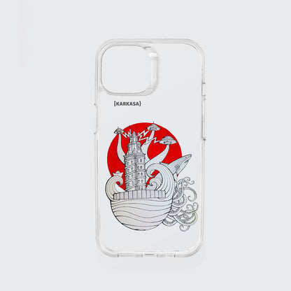 Funda KARKASA transparente antigolpes con ilustración de Daniel Buitrón: Torre de Hércules de A Coruña rodeada de OVNIs, tentáculos y un sol rojo de fondo.