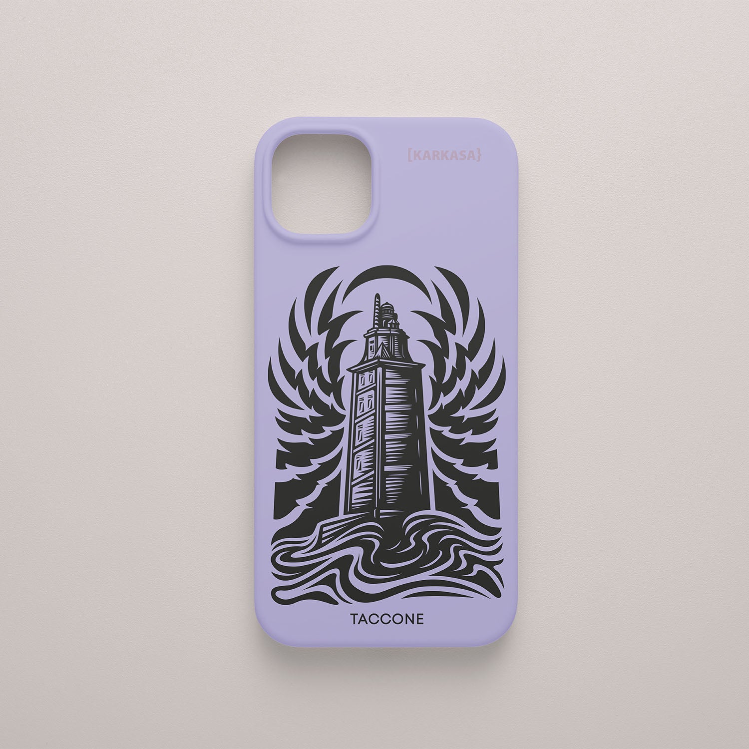 Funda KARKASA lila con ilustración gráfica en tinta negra de la Torre de Hércules de A Coruña por Gabriel Taccone.