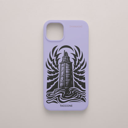 Funda KARKASA lila con ilustración gráfica en tinta negra de la Torre de Hércules de A Coruña por Gabriel Taccone.