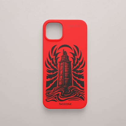 Funda KARKASA roja con ilustración gráfica en tinta negra de la Torre de Hércules de A Coruña por Gabriel Taccone.