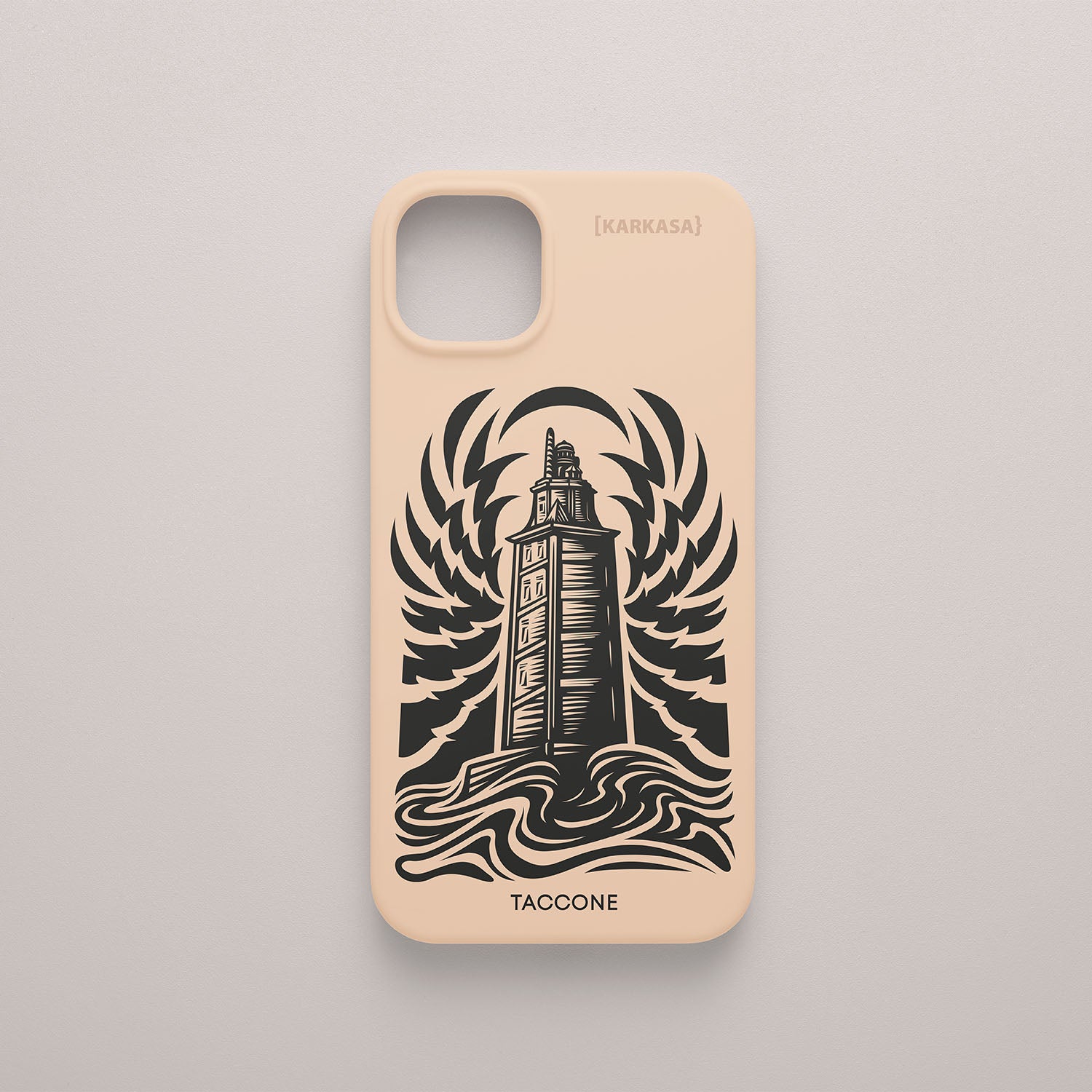 Funda KARKASA rosa beige con ilustración gráfica en tinta negra de la Torre de Hércules de A Coruña por Gabriel Taccone.