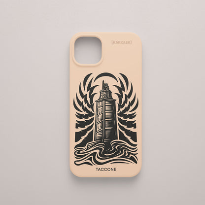 Funda KARKASA rosa beige con ilustración gráfica en tinta negra de la Torre de Hércules de A Coruña por Gabriel Taccone.
