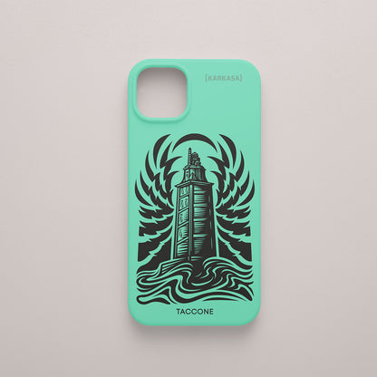 Funda KARKASA verde menta con ilustración gráfica en tinta negra de la Torre de Hércules de A Coruña por Gabriel Taccone.