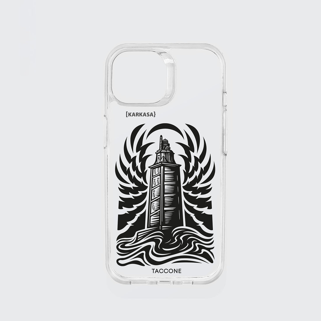 Funda KARKASA transparente con ilustración gráfica en tinta negra de la Torre de Hércules de A Coruña por Gabriel Taccone.