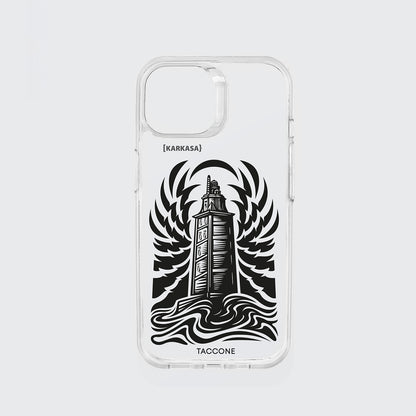Funda KARKASA transparente con ilustración gráfica en tinta negra de la Torre de Hércules de A Coruña por Gabriel Taccone.