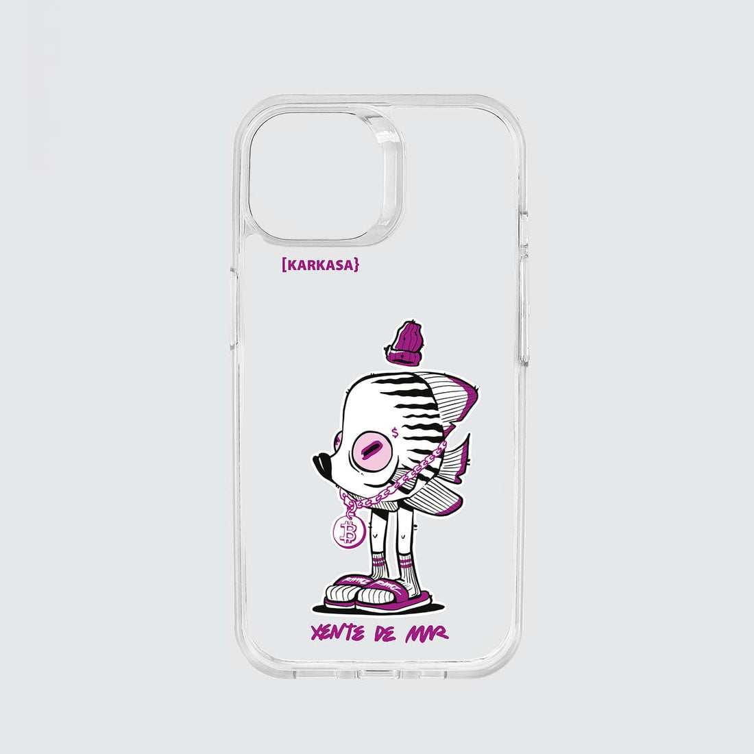 Funda transparente con ilustración de un pez estilo urbano con gafas de sol rosas, gorro morado y cadena de oro, diseño de Ramaz.