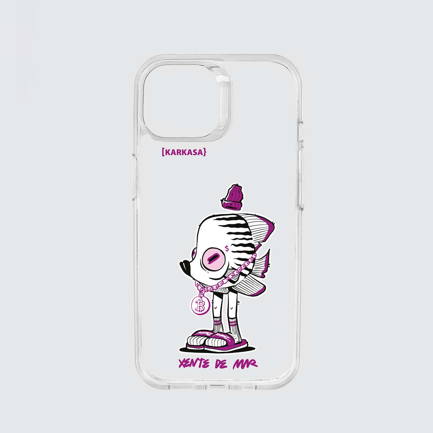 Funda transparente con ilustración de un pez estilo urbano con gafas de sol rosas, gorro morado y cadena de oro, diseño de Ramaz.