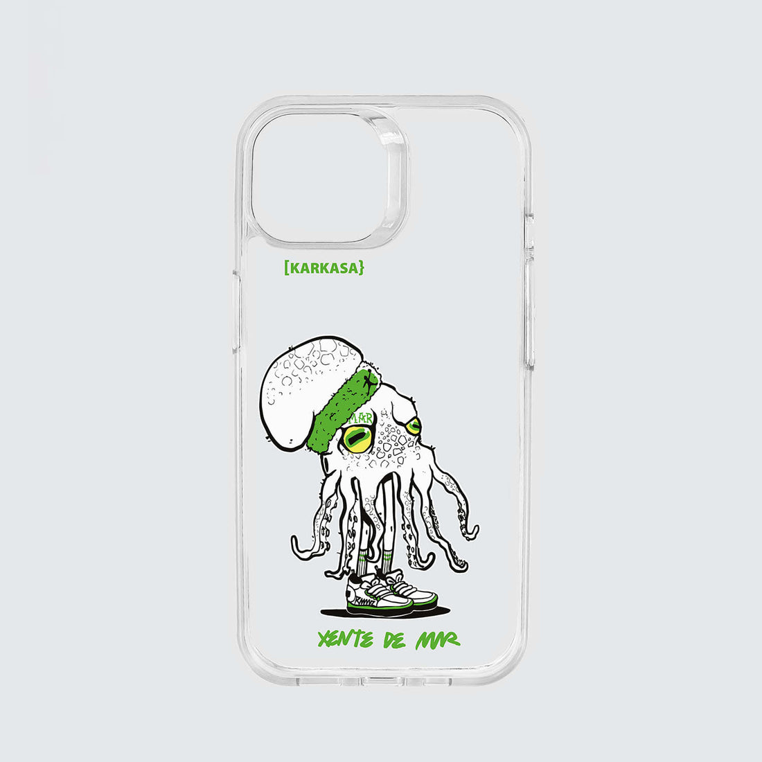 Funda transparente con ilustración de un pulpo con cinta deportiva en la cabeza y zapatillas de color verde ácido, diseño de Ramaz.
