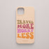 Funda KARKASA Silk Touch rosa nude con frase Travel More Worry Less en letras retro de colores naranjas y rosas. Carcasa para viajeros.