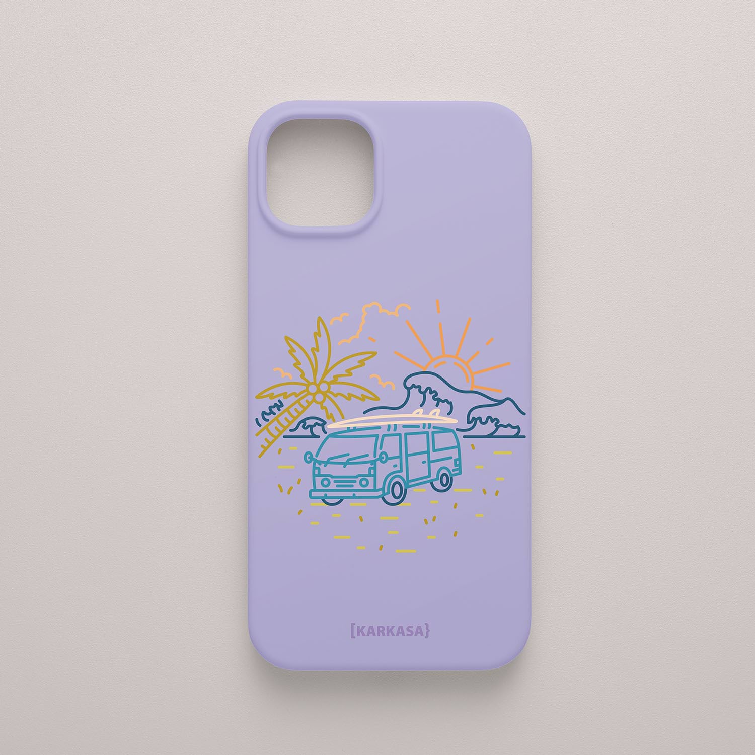 Funda KARKASA Silk Touch azul lila con dibujo lineal de una furgoneta camper vintage, palmeras y sol. Carcasa estilo surf y van life.