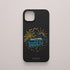 Funda KARKASA Silk Touch negra con dibujo lineal de una furgoneta camper vintage, palmeras y sol. Carcasa estilo surf y van life.