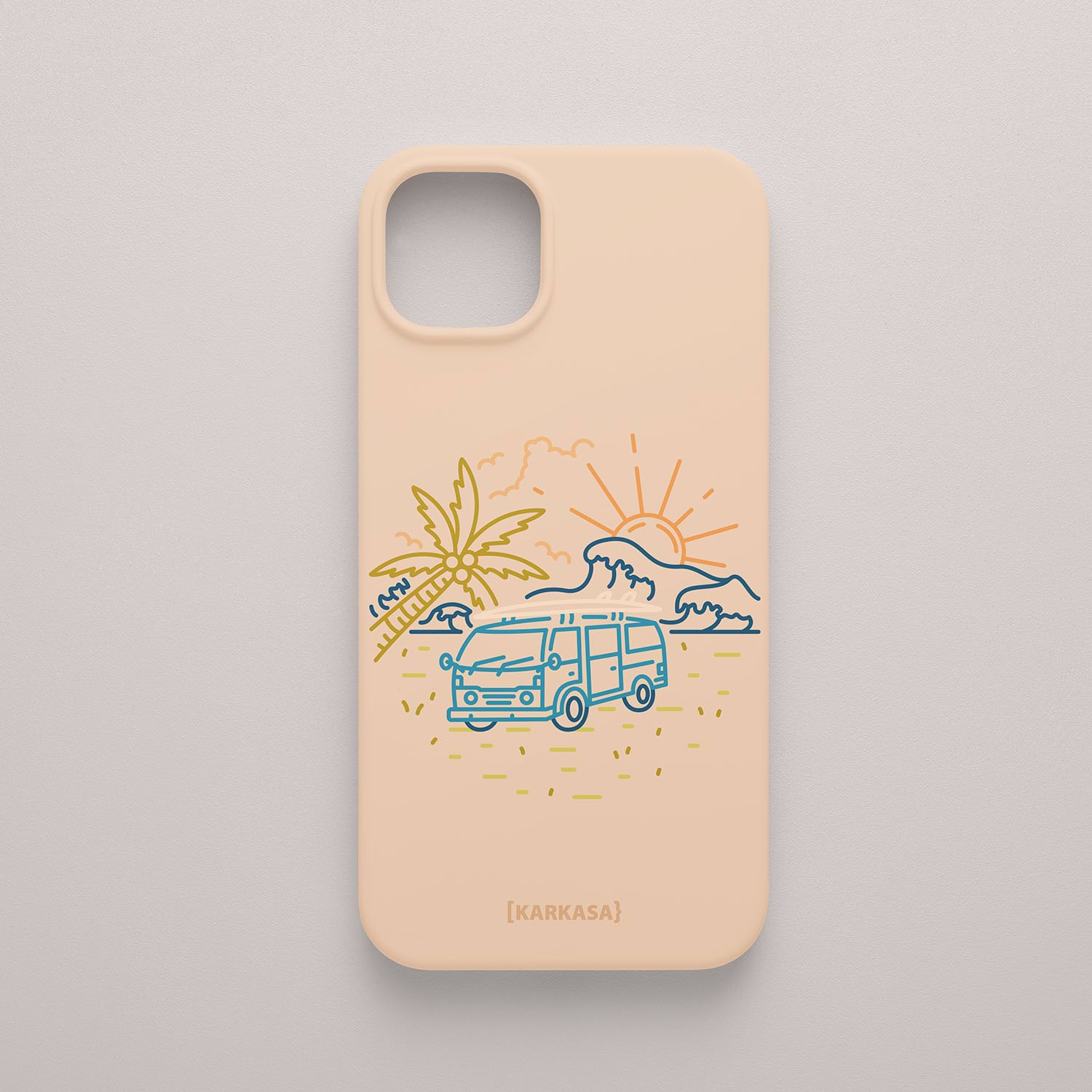 Funda KARKASA Silk Touch rosa nude con dibujo lineal de una furgoneta camper vintage, palmeras y sol. Carcasa estilo surf y van life.