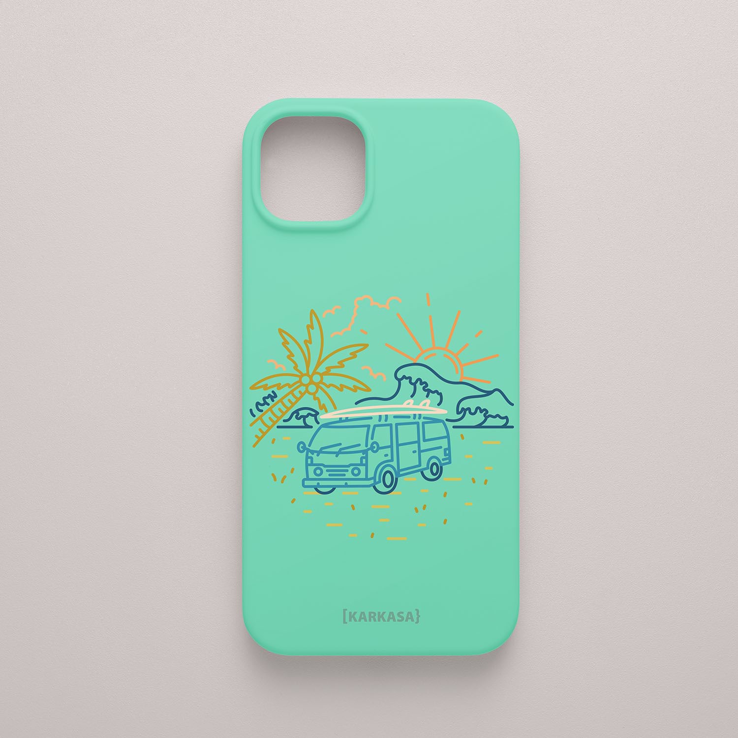 Funda KARKASA Silk Touch verde menta con dibujo lineal de una furgoneta camper vintage, palmeras y sol. Carcasa estilo surf y van life.