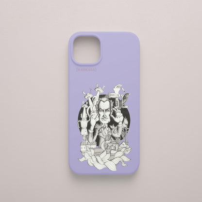 Funda KARKASA lila con ilustración del artista Daniel Buitrón: retrato del actor de terror Vincent Price en blanco y negro rodeado de manos.