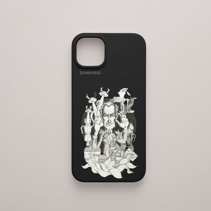 Funda KARKASA negra con ilustración del artista Daniel Buitrón: retrato del actor de terror Vincent Price en blanco y negro rodeado de manos.