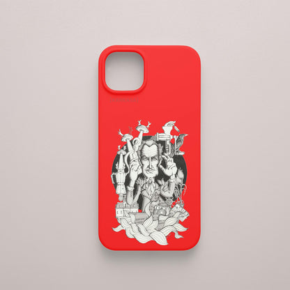Funda KARKASA roja con ilustración del artista Daniel Buitrón: retrato del actor de terror Vincent Price en blanco y negro rodeado de manos.