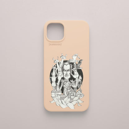 Funda KARKASA rosa nude con ilustración del artista Daniel Buitrón: retrato del actor de terror Vincent Price en blanco y negro rodeado de manos.