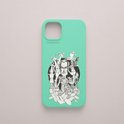 Funda KARKASA verde menta con ilustración del artista Daniel Buitrón: retrato del actor de terror Vincent Price en blanco y negro rodeado de manos.
