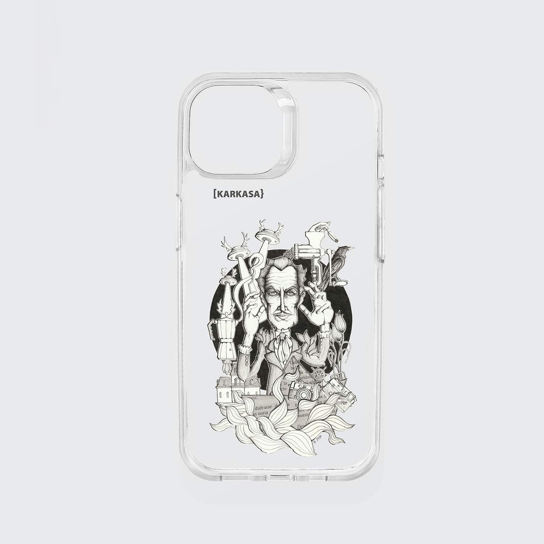 Funda KARKASA transparente antigolpes con ilustración del artista Daniel Buitrón: retrato del actor de terror Vincent Price en blanco y negro rodeado de manos.
