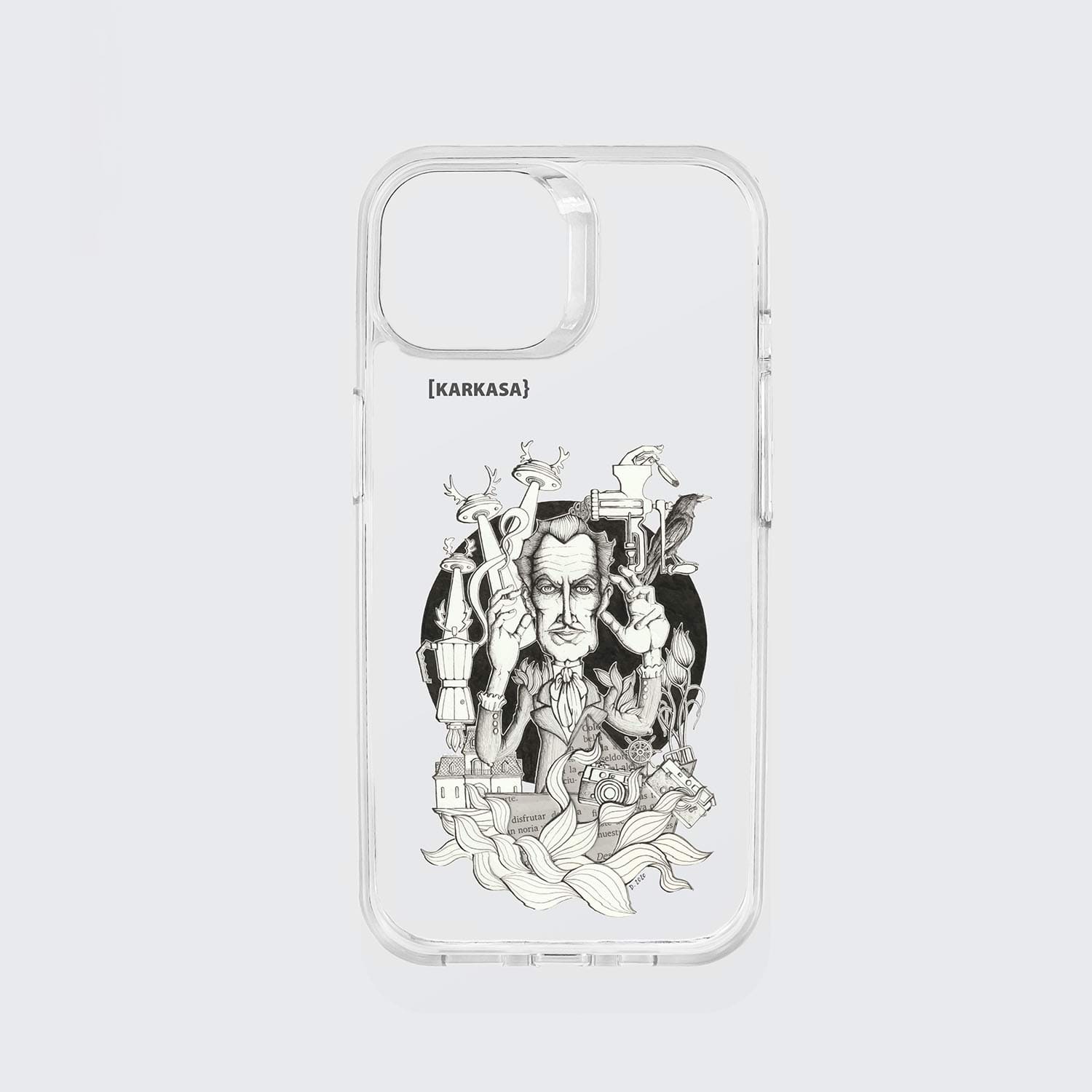 Funda KARKASA transparente antigolpes con ilustración del artista Daniel Buitrón: retrato del actor de terror Vincent Price en blanco y negro rodeado de manos.