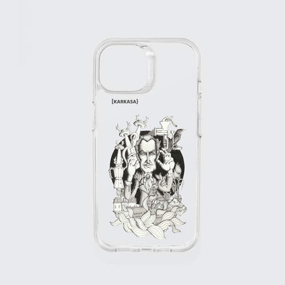 Funda KARKASA transparente antigolpes con ilustración del artista Daniel Buitrón: retrato del actor de terror Vincent Price en blanco y negro rodeado de manos.