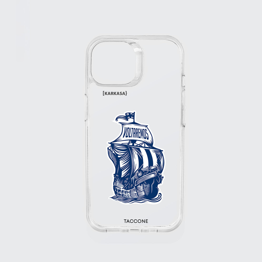 Funda KARKASA transparente antigolpes con ilustración de un galeón azul y blanco con la palabra Voltaremos en las velas, diseño de Gabriel Taccone.