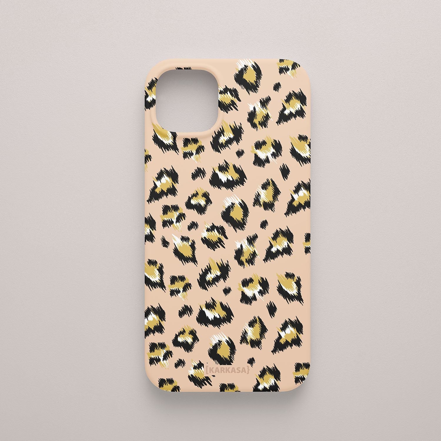 Funda KARKASA Silk Touch rosa nude con estampado de leopardo moderno en negro y amarillo. Carcasa mate de silicona animal print vibrante.